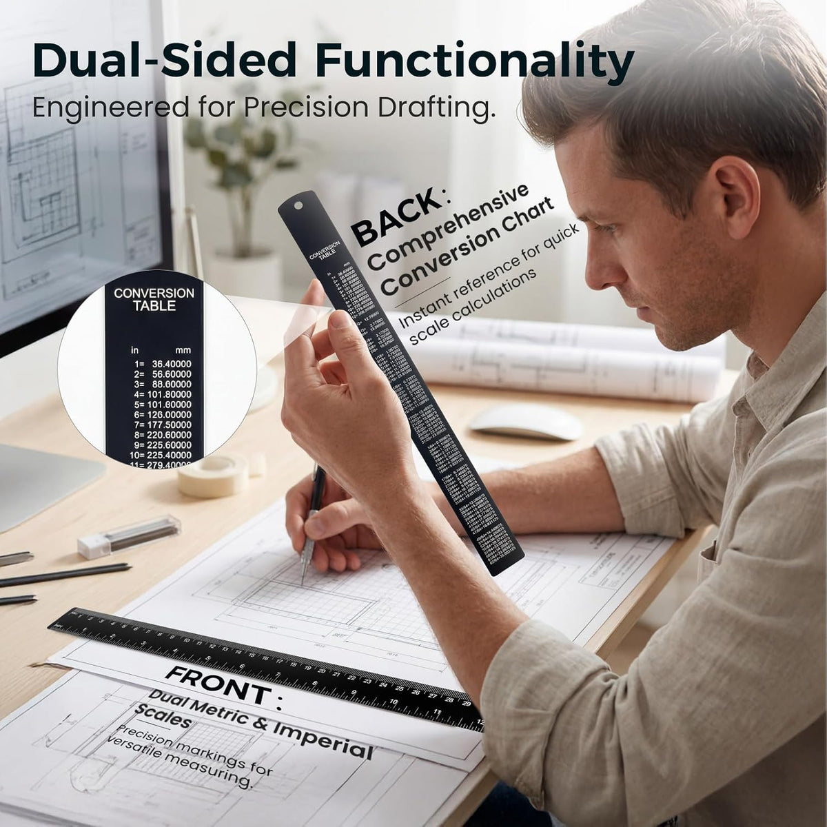 Rena Chris 2Pcs Architectural Scale Ruler, Triangular Scale & Straight Ruler, 12 Inch Aluminum Drafting Ruler Set, Laser Etched, Smooth Non-Sharp Edges, Lightweight, Inch MM Conversion for Architectur