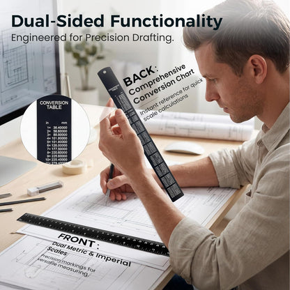 Rena Chris 2Pcs Architectural Scale Ruler, Triangular Scale & Straight Ruler, 12 Inch Aluminum Drafting Ruler Set, Laser Etched, Smooth Non-Sharp Edges, Lightweight, Inch MM Conversion for Architectur