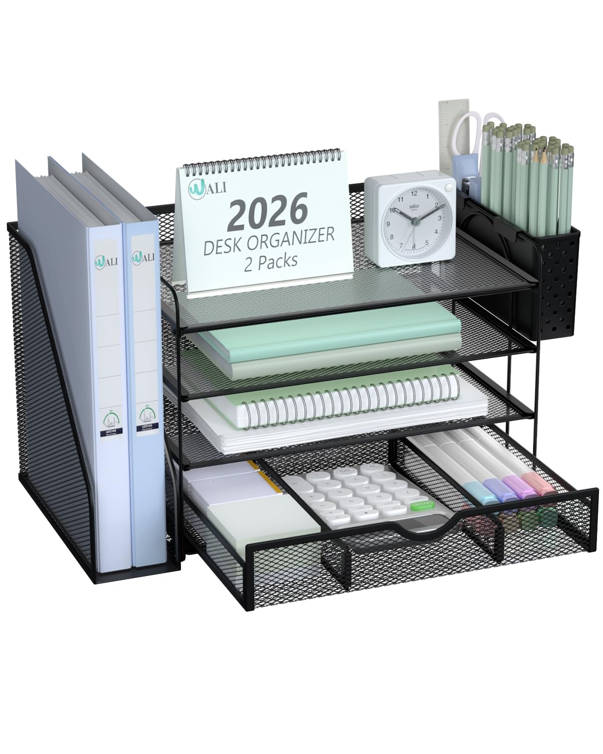 WALI Desk File Organizer, 4 Tier Desktop Paper Letter Tray Organizer with Drawer and 2 Pen Holders, Office Desk Accessories & Workspace Organizers for Office, Home, School Supplies, 1 Pack, Rose Gold