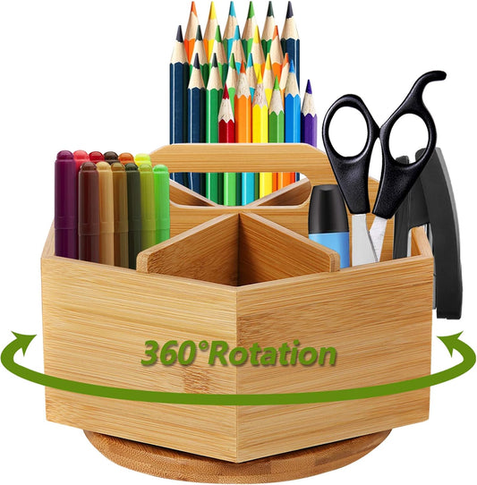 Marbrasse Bamboo Art Supply Organizer, Rotating Pencil Pen Holder, Office Supplies Desktop Storage Caddy, Like Colored Pencils, Pen, Markers, Paint Brushes