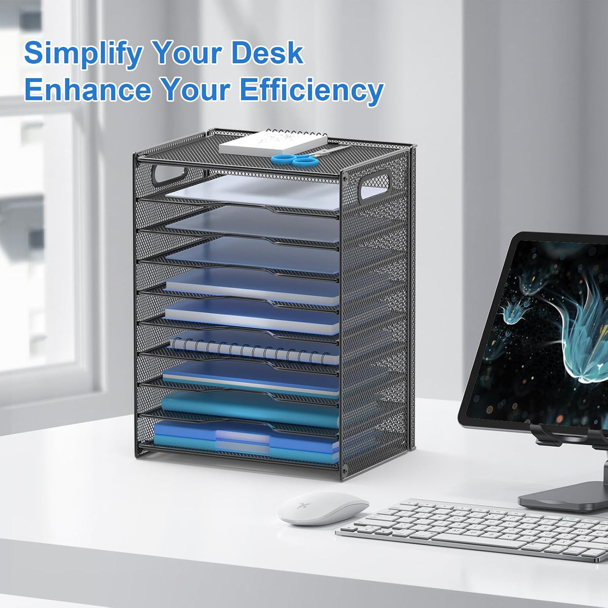 OUTWOLF 10 Tier Paper Organizer - Letter Tray Mesh Desk File Organizer with Handles for Office School Desktop, Black