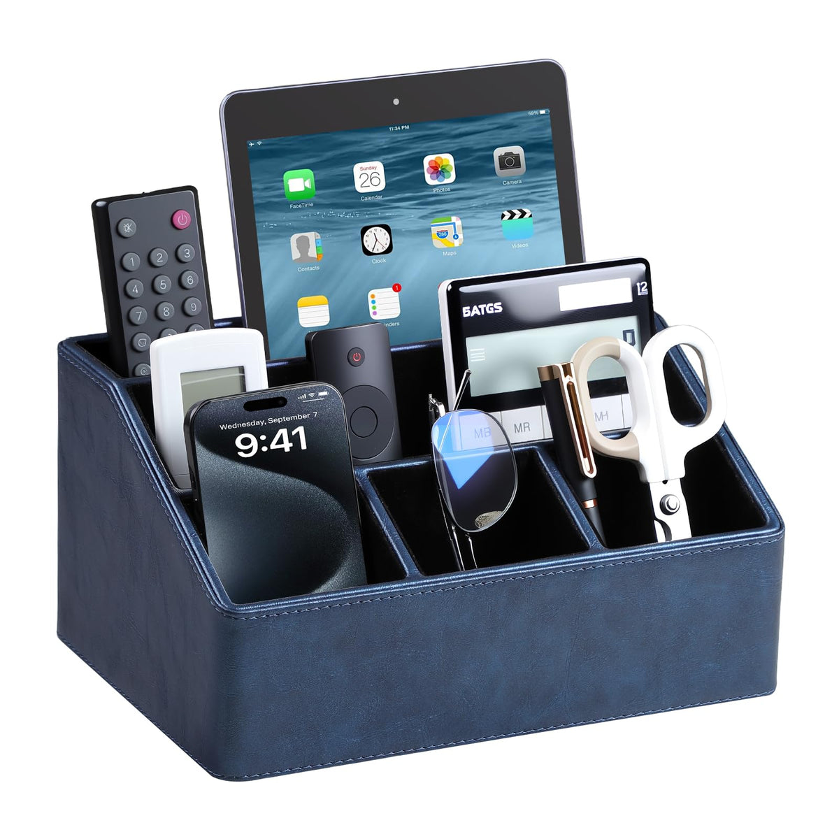 PU Leather Desk Organizer, Remote Control Holder (Black)
