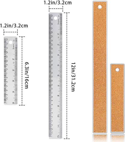 Metal Ruler 6 Inch 12 Inch Stainless Steel Metal Ruler with Cork Backing, Non-Slip Rulers with Inch and Centimeters, Straight Edge Cork Base Rulers for Student School Office Drafting Tools