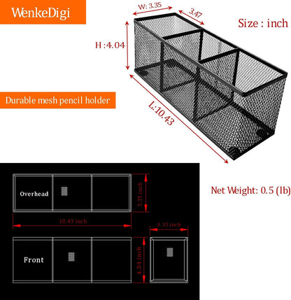 Metal Mesh Pencil Holder, Spacious 3-Compartment Desk Organizer for Pens, Makeup Brushes, Utensils, Multipurpose Office, School ,Kitchen, Home Desktop Storage, 10.43 x 3.35 x 4.04 Inches, Black