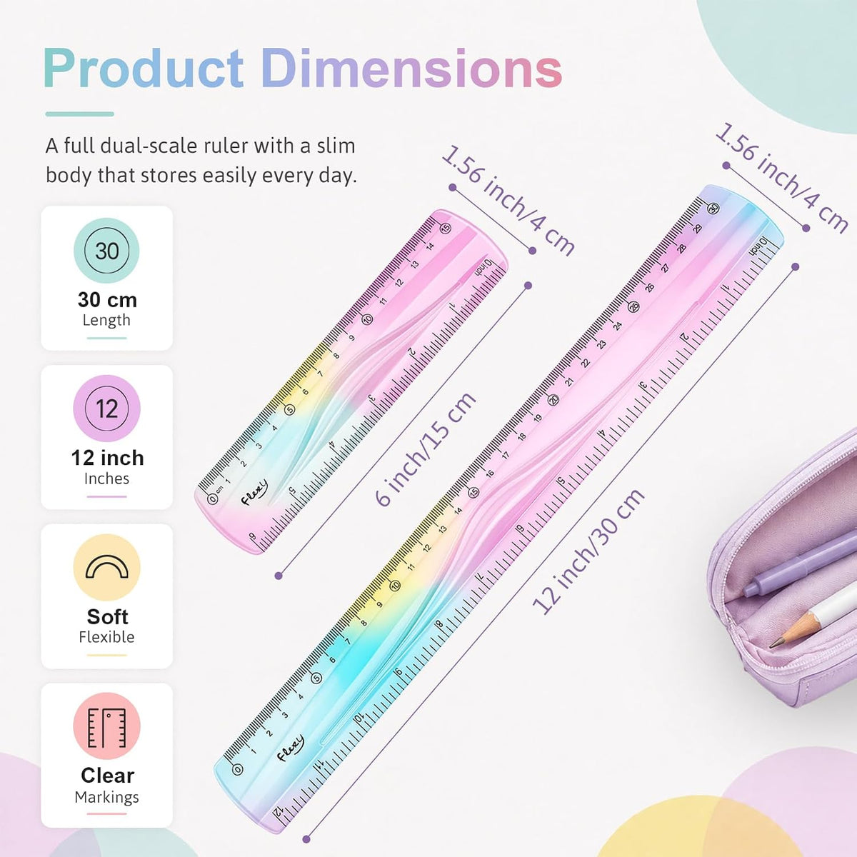 2 Pcs Flexible Ruler,12 Inch&6 Inch Bendable Ruler for Kids