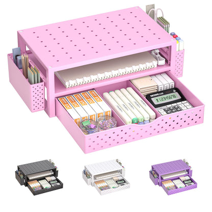 WALI Desk File Organizer, 4 Tier Desktop Paper Letter Tray Organizer with Drawer and 2 Pen Holders, Office Desk Accessories & Workspace Organizers for Office, Home, School Supplies, 1 Pack, Gold