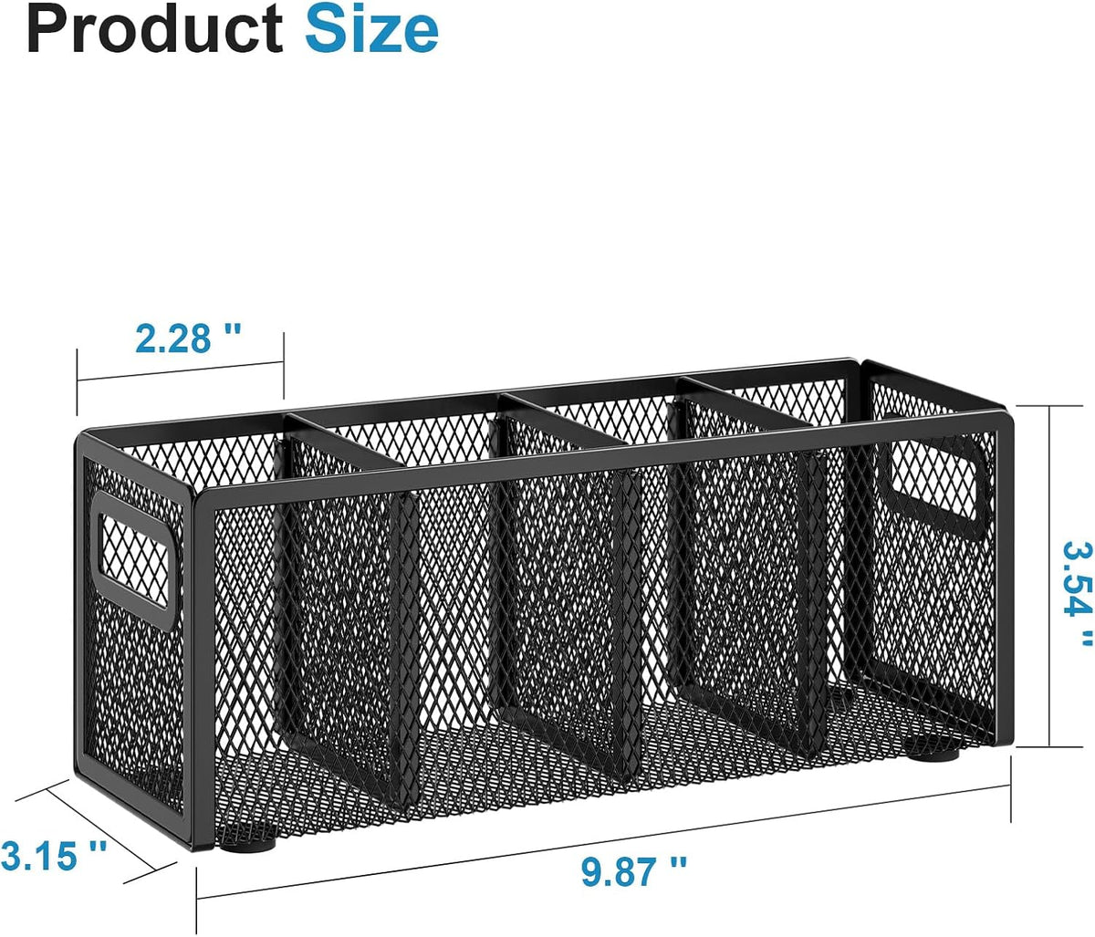 Marbrasse Mesh Pen Holder for Desk, Pencil Holder Desk Organizer 3 Adjustable Compartments, Pencil Cup with Handle Perfect for Classroom, Office, Home, Makeup, Art (4 Compartments - Black)