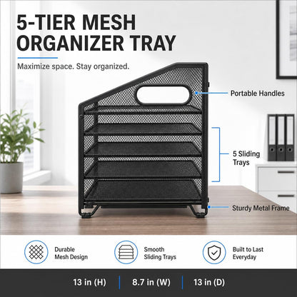 Ekisemio 5-Tier Desk Organizers and Accessories, Paper Letter Tray Organizer with File Holder, Desktop Organizer for Office Supplies, Black
