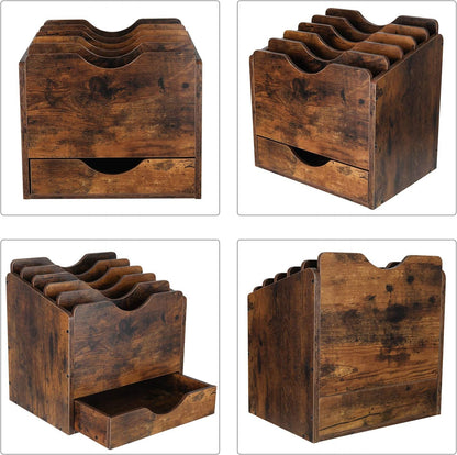 PAG-Mass Wood Desktop File Holder Organizer Mail Sorter with Drawer, for File Folders, Mails, Envelopes, Mailing Supplies or Magazines, 6 Compartments, Antique Brown