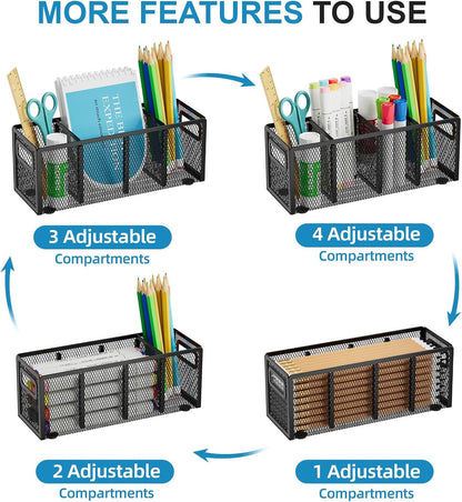Marbrasse Mesh Pen Holder for Desk, Pencil Holder Desk Organizer 3 Adjustable Compartments, Pencil Cup with Handle Perfect for Classroom, Office, Home, Makeup, Art (4 Compartments - Black)