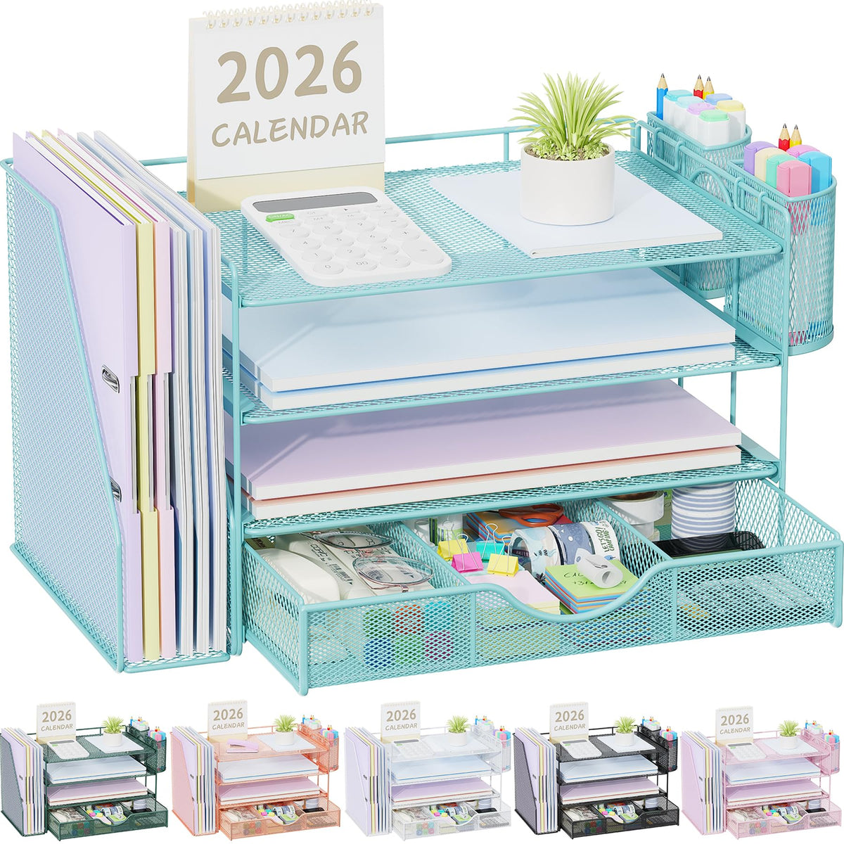 gianotter Desk Organizers and Accessories with File Holder, 4-Tier Desk Accessories & Workspace Organizers with Drawer and 2 Pen Holder, Paper Organizer for Office Supplies (Wood)
