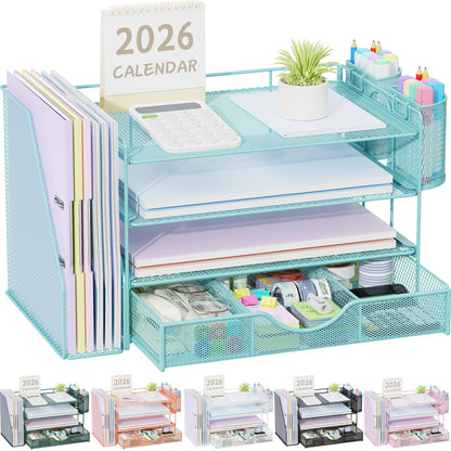 gianotter Desk Organizers and Accessories with File Holder, 4-Tier Desk Accessories & Workspace Organizers with Drawer and 2 Pen Holder, Paper Organizer for Office Supplies (Wood)