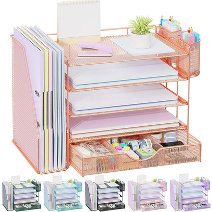 gianotter Desk Organizers and Accessories with File Holder, 4-Tier Desk Accessories & Workspace Organizers with Drawer and 2 Pen Holder, Paper Organizer for Office Supplies(Gold)