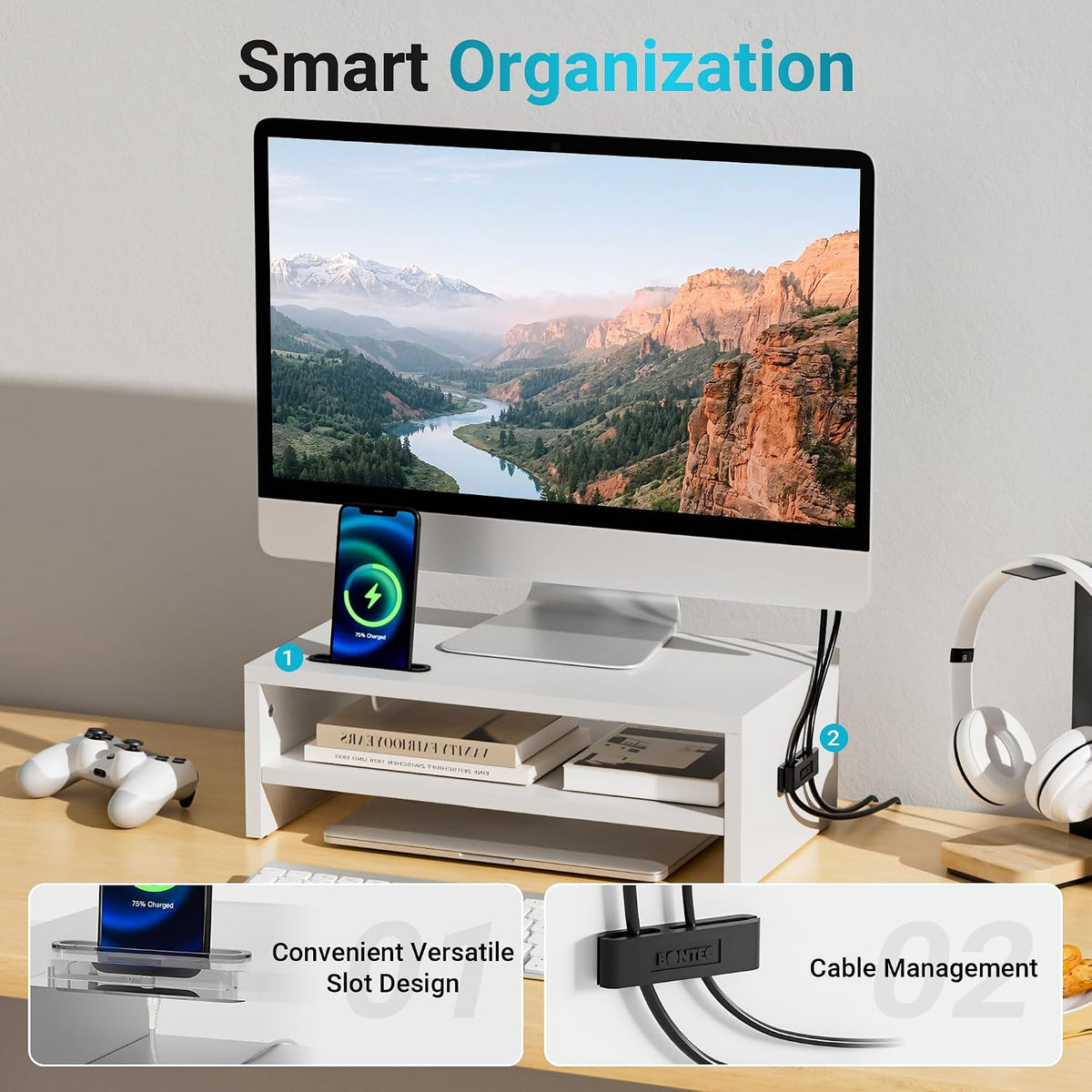 BONTEC Wooden Monitor Stand Riser for Desk, 2-Tier Computer Monitor Stand