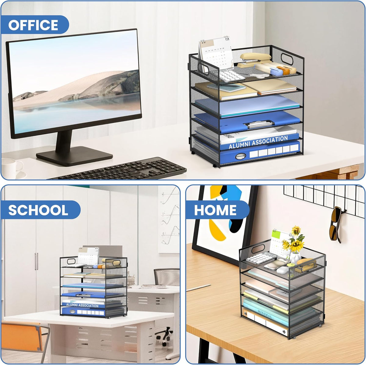 Daltack 6-Tier Paper Organizer for Desk with Handle, Black