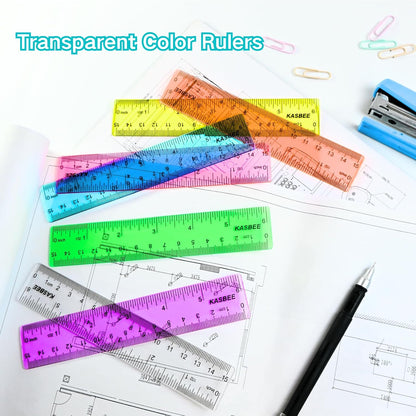 6 Inch Ruler Plastic, Colored Clear Rulers for Kids, School, Office, 7PCS