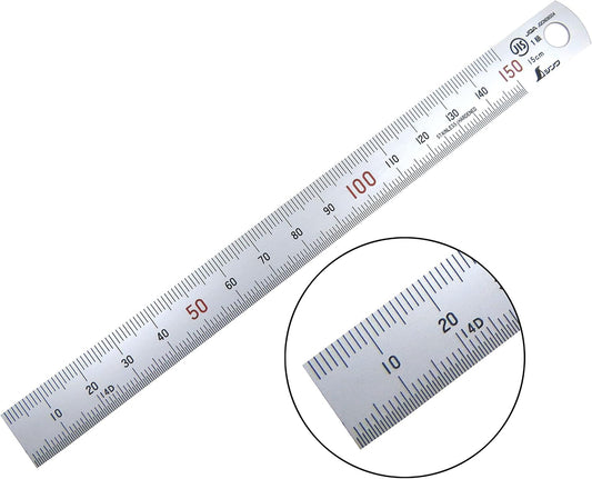 Shinwa 150 mm Rigid (15 mm x 0.5 mm) Zero Glare Satin Chrome Stainless Steel Machinist Engineer Ruler/Rule with Graduations in mm and .5mm Model 13005