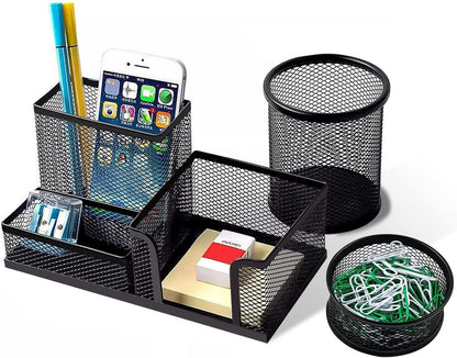 Pen Holder for Desk, Desk Organizers Set-3 Compartments Mesh Pencil Holder with Pencil Pen Cup and Paper Clip holder, Desk Accessories for Marker Craft, Ideal Office School Supplies(3 pack, Black)