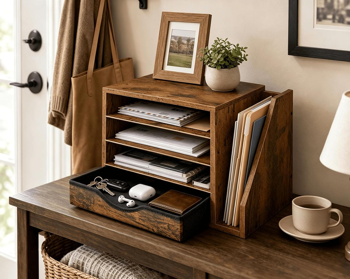 Wooden Desk Organizer with Drawers, Office Paper Mail and Organizer Wood