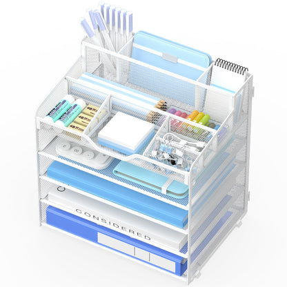 3 Tier Mesh Paper Desk Organizer with Pen Holders, White
