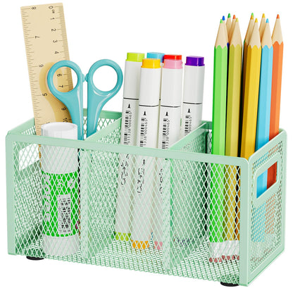 Marbrasse Mesh Pen Holder for Desk, Pencil Holder Desk Organizer 3 Adjustable Compartments, Pencil Cup with Handle Perfect for Classroom, Office, Home, Makeup, Art (4 Compartments - Black)