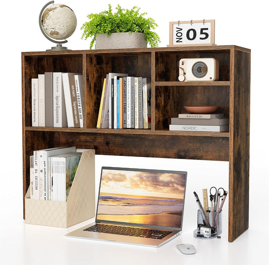 Clikuutory 2-Tier Desktop Bookshelf Hutch, Wood Countertop Storage Organizer with 4 Storage Compartments for Computer Desk, Multipurpose Tabletop Display Rack for Home Office Dorm Bedroom, Brown