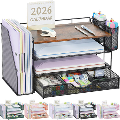 gianotter Desk Organizers and Accessories with File Holder, 4-Tier Desk Accessories & Workspace Organizers with Drawer and 2 Pen Holder, Paper Organizer for Office Supplies(Gold)