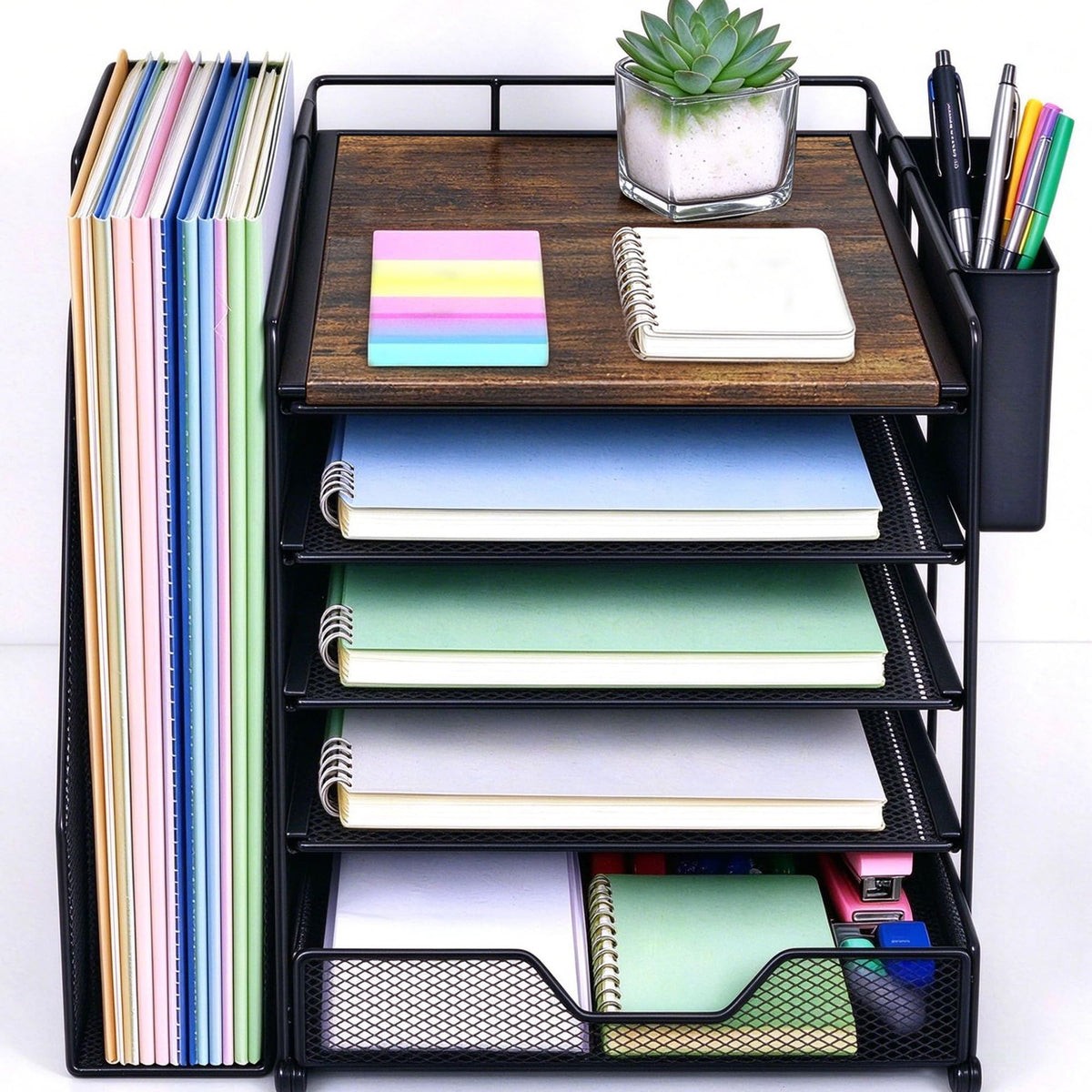5-Tier Desk File Organizer with Drawer & Pen Holder (Black)