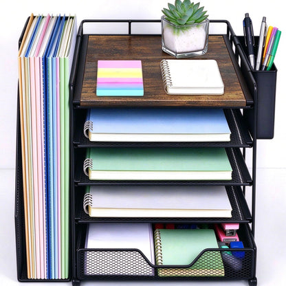 5-Tier Desk File Organizer with Drawer & Pen Holder (Black)