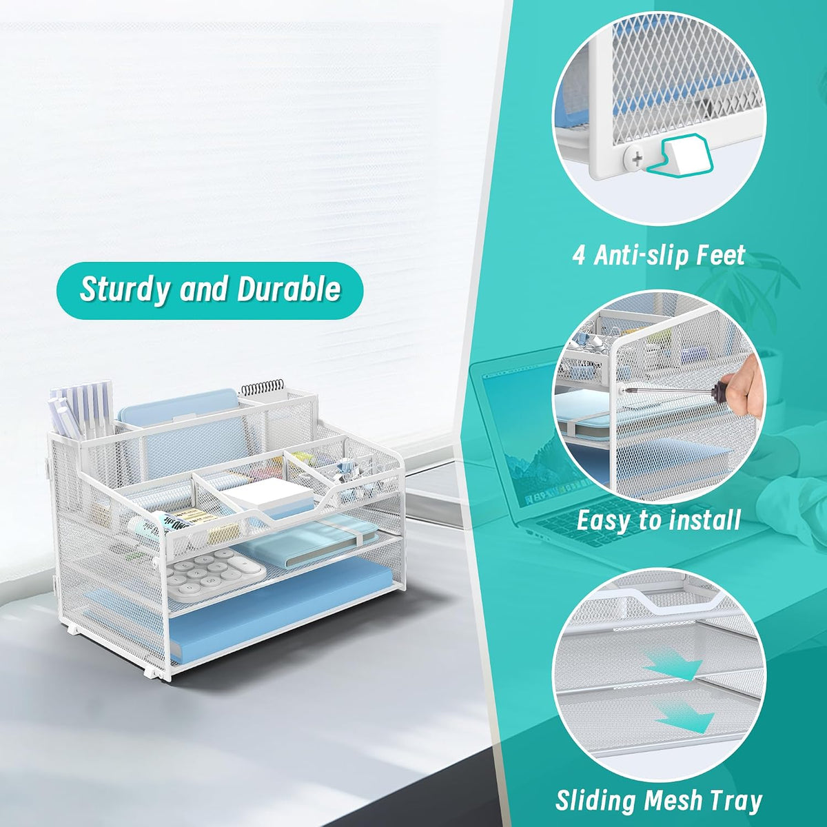 3 Tier Mesh Paper Desk Organizer with Pen Holders, White