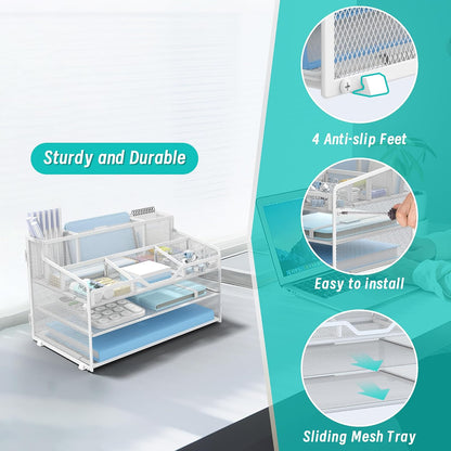 3 Tier Mesh Paper Desk Organizer with Pen Holders, White