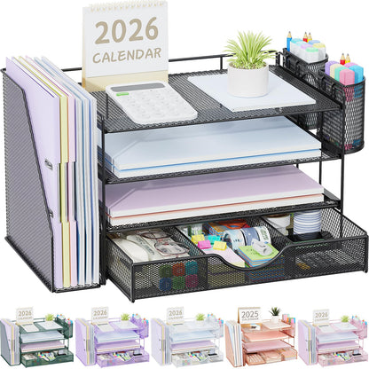 gianotter Desk Organizers and Accessories with File Holder, 4-Tier Desk Accessories & Workspace Organizers with Drawer and 2 Pen Holder, Paper Organizer for Office Supplies (Wood)