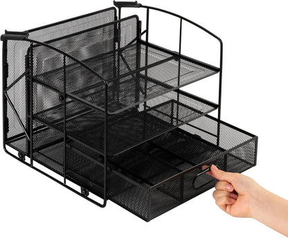 Amazon Basics Sturdy Rectangular Desktop Organizer with 3 Trays, Sliding Drawer and Hanging File Holder for Office Supplies, Black