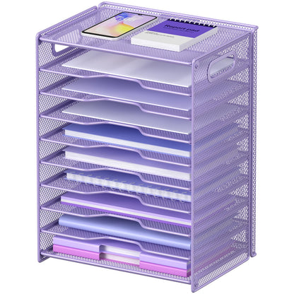 OUTWOLF 10 Tier Paper Organizer - Letter Tray Mesh Desk File Organizer with Handles for Office School Desktop, Black