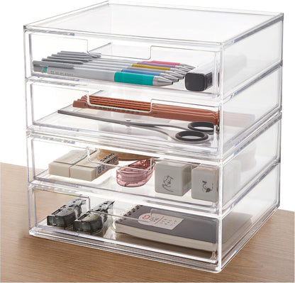STORi Stackable Desk Drawer Organizer, Clear Pen Pencil Makeup Brush Holder for Desktops and Vanities, 4 Wide Drawers (Made in USA)