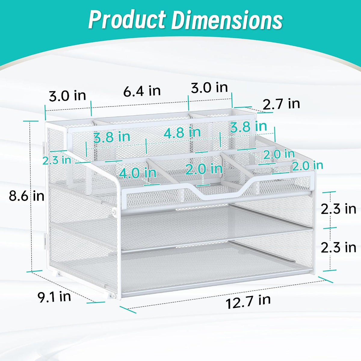 3 Tier Mesh Paper Desk Organizer with Pen Holders, White