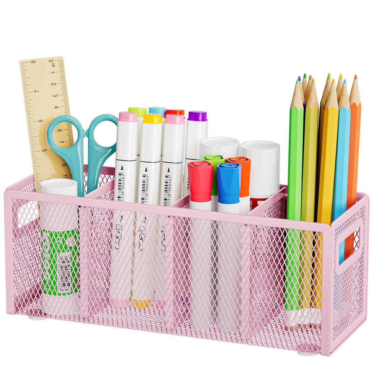 Marbrasse Mesh Pen Holder for Desk, Pencil Holder Desk Organizer 3 Adjustable Compartments, Pencil Cup with Handle Perfect for Classroom, Office, Home, Makeup, Art (4 Compartments - Black)