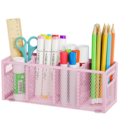 Marbrasse Mesh Pen Holder for Desk, Pencil Holder Desk Organizer 3 Adjustable Compartments, Pencil Cup with Handle Perfect for Classroom, Office, Home, Makeup, Art (4 Compartments - Black)