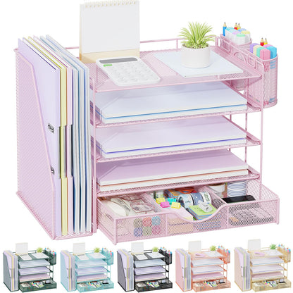 gianotter Desk Organizers and Accessories with File Holder, 4-Tier Desk Accessories & Workspace Organizers with Drawer and 2 Pen Holder, Paper Organizer for Office Supplies(Gold)