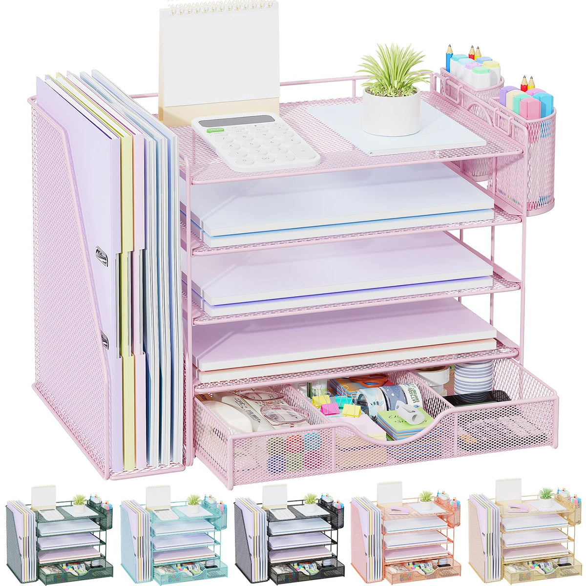 gianotter Desk Organizers and Accessories with File Holder, 4-Tier Desk Accessories & Workspace Organizers with Drawer and 2 Pen Holder, Paper Organizer for Office Supplies (Wood)