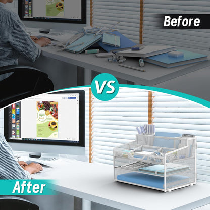 3 Tier Mesh Paper Desk Organizer with Pen Holders, White