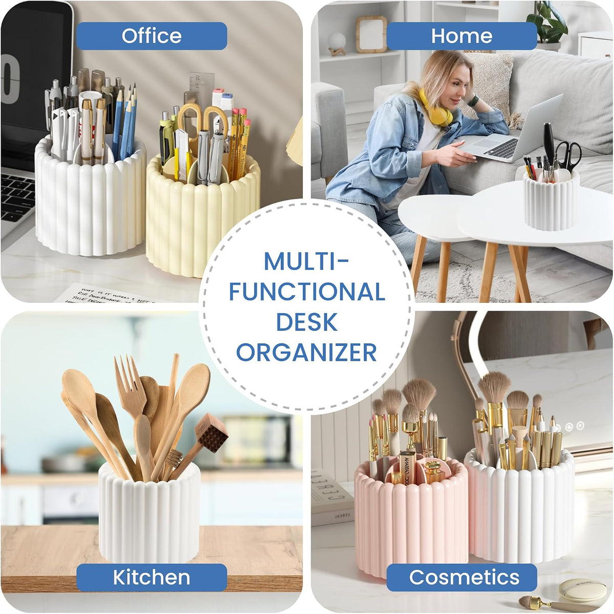 Desk Organizer, 360° Rotating Pen Holder for Desk, Pencil Cup with 7 Compartments Storage Box Caddy for Kids, Office, School, Home (Pink)