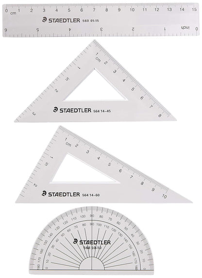 STAEDTLER Math Set - 4 pc Geometry Kit for Students - School Supplies with Clear Protractor, 6in Ruler & 2 Triangles – Metric & Imperial Scales