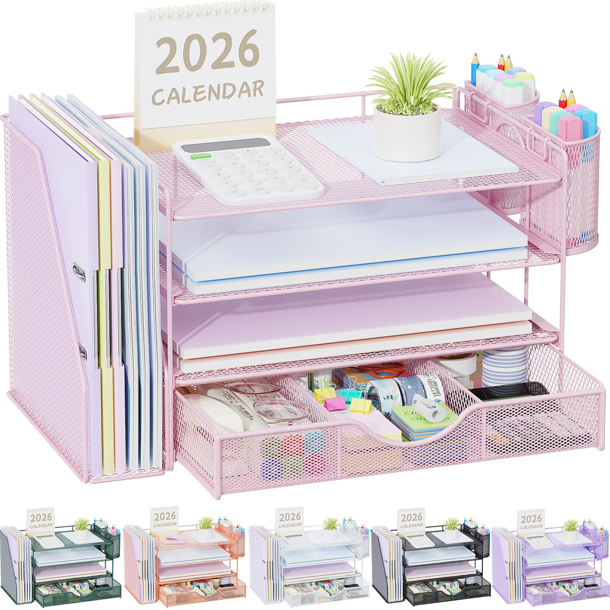 gianotter Desk Organizers and Accessories with File Holder, 4-Tier Desk Accessories & Workspace Organizers with Drawer and 2 Pen Holder, Paper Organizer for Office Supplies (Wood)