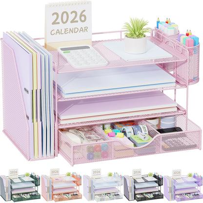 gianotter Desk Organizers and Accessories with File Holder, 4-Tier Desk Accessories & Workspace Organizers with Drawer and 2 Pen Holder, Paper Organizer for Office Supplies (Wood)