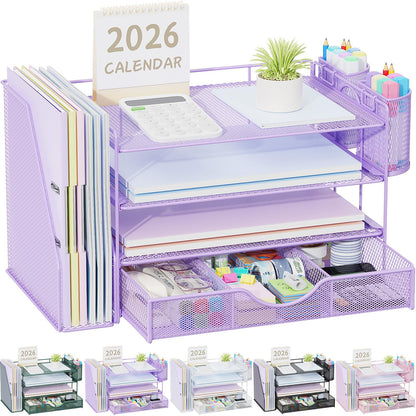 gianotter Desk Organizers and Accessories with File Holder, 4-Tier Desk Accessories & Workspace Organizers with Drawer and 2 Pen Holder, Paper Organizer for Office Supplies (Wood)