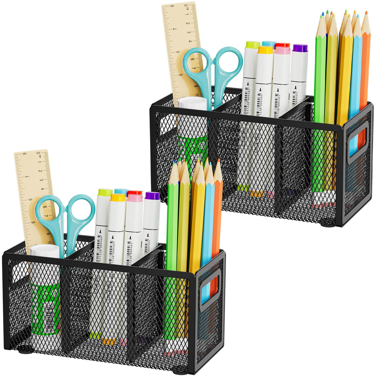 Marbrasse Mesh Pen Holder for Desk, Pencil Holder Desk Organizer 3 Adjustable Compartments, Pencil Cup with Handle Perfect for Classroom, Office, Home, Makeup, Art (4 Compartments - Black)
