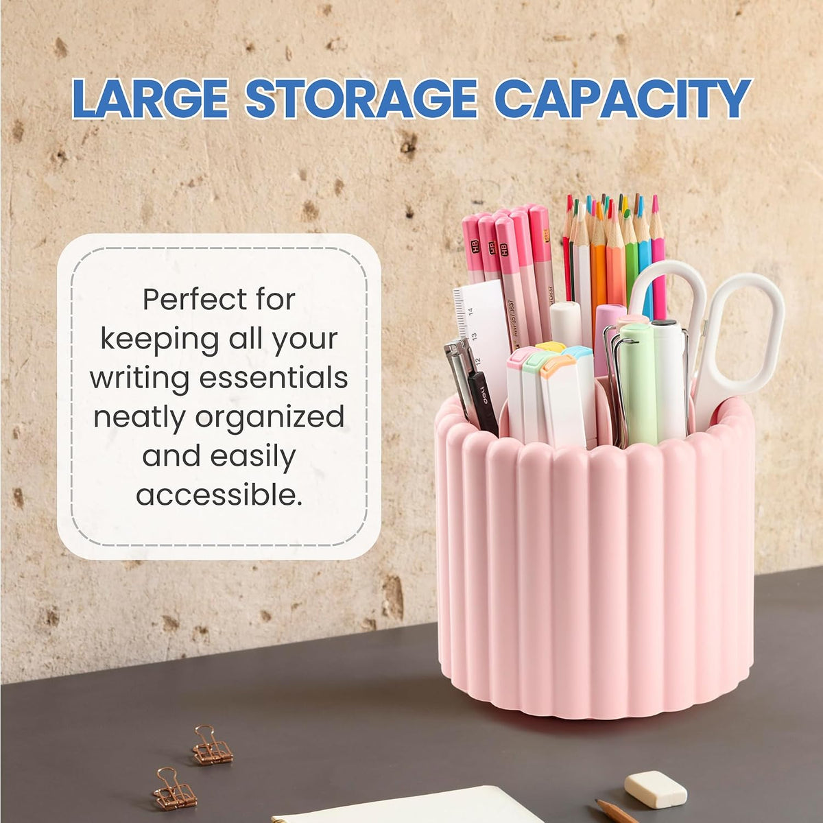 Desk Organizer, 360° Rotating Pen Holder for Desk, Pencil Cup with 7 Compartments Storage Box Caddy for Kids, Office, School, Home (Pink)