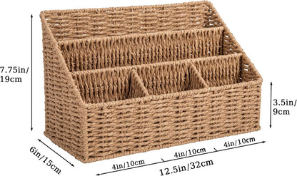DINGTAI Rattan Desk Organizer, Tabletop Mail Holder, 5 Slot Mail Organizer Countertop Basket, Rattan Office Supplies, Boho Office Desk Accessories, Wicker Desk Organizer, Magazine Holder（Wicker）