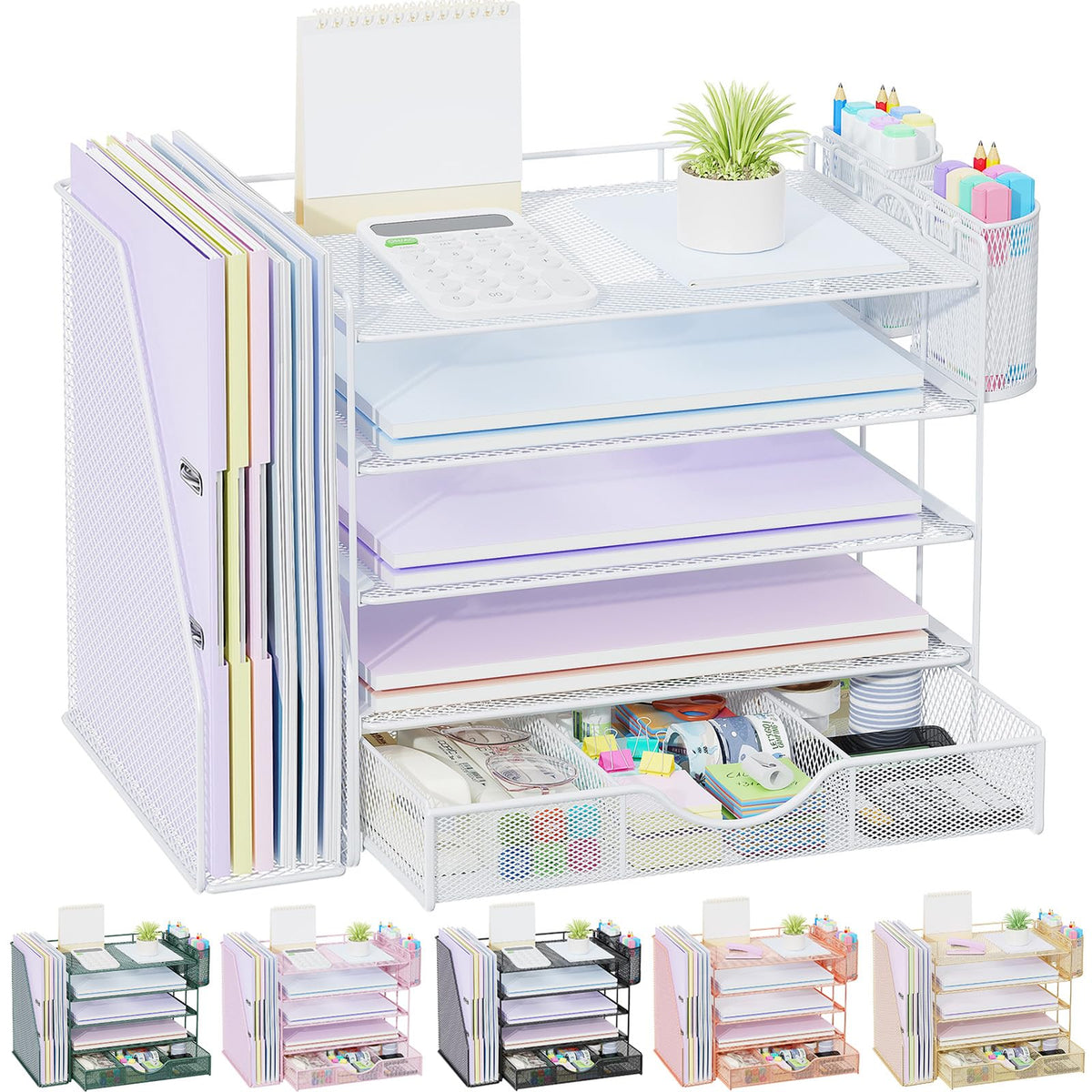 gianotter Desk Organizers and Accessories with File Holder, 4-Tier Desk Accessories & Workspace Organizers with Drawer and 2 Pen Holder, Paper Organizer for Office Supplies (Wood)